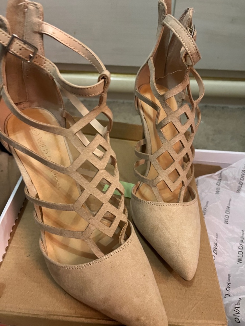 Wild Diva Beige Cage Lace-Up Pointed Heels